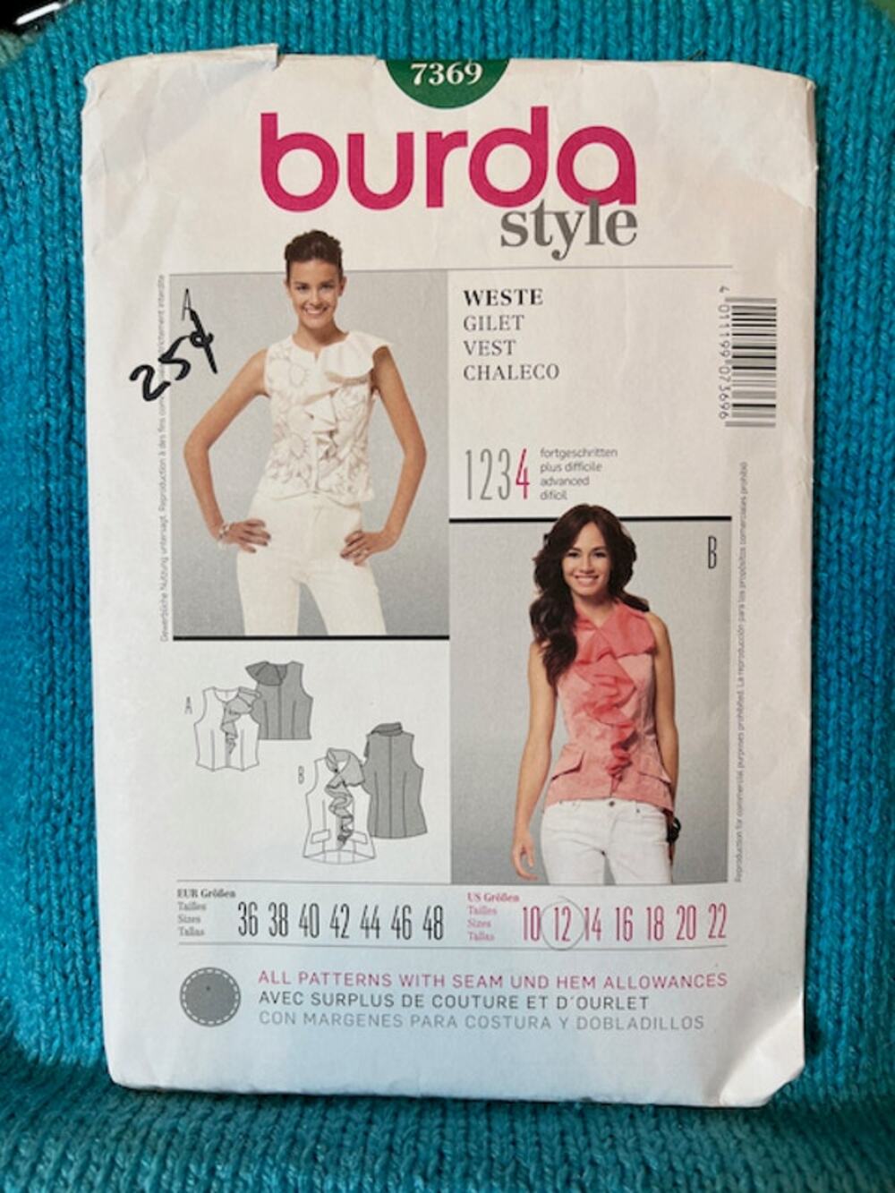 Burda 7369 sewing pattern top ruffle collar